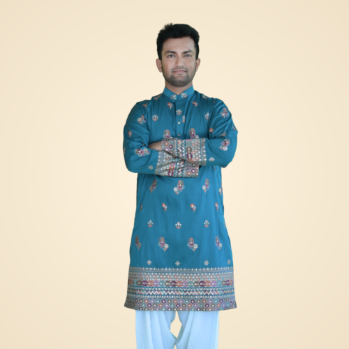 Green Cyan Fine Cotton Silk Kurta with Border