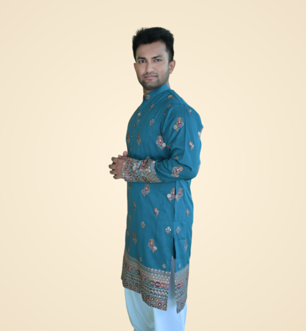 Green Cyan Fine Cotton Silk Kurta with Border