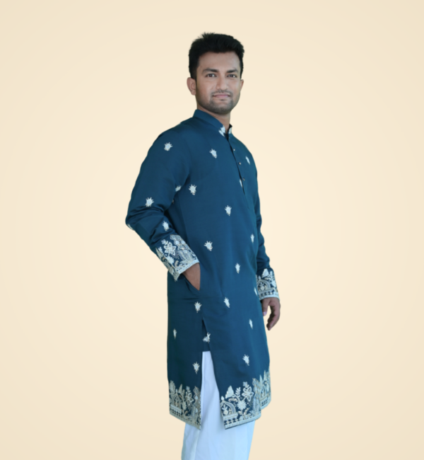 Teal Blue Spun Cotton Kurta with Border