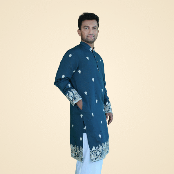 Teal Blue Spun Cotton Kurta with Border