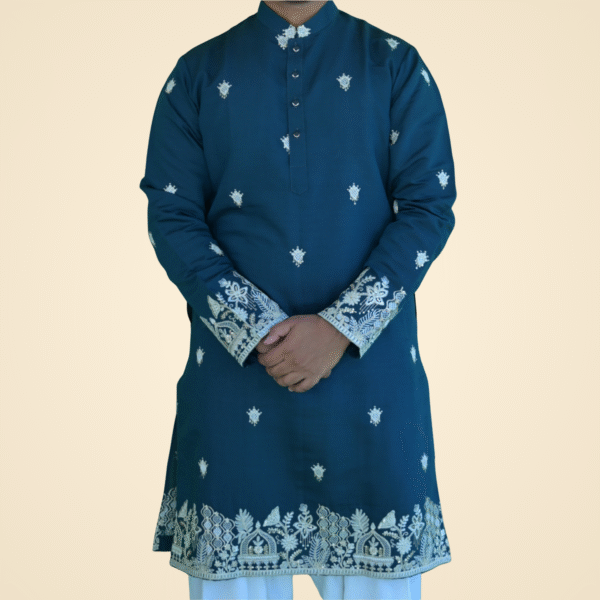 Teal Blue Spun Cotton Kurta with Border
