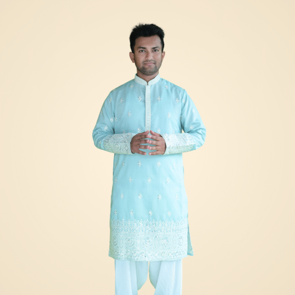 7 Light Turquoise Blue Spun Cotton Kurta with Border