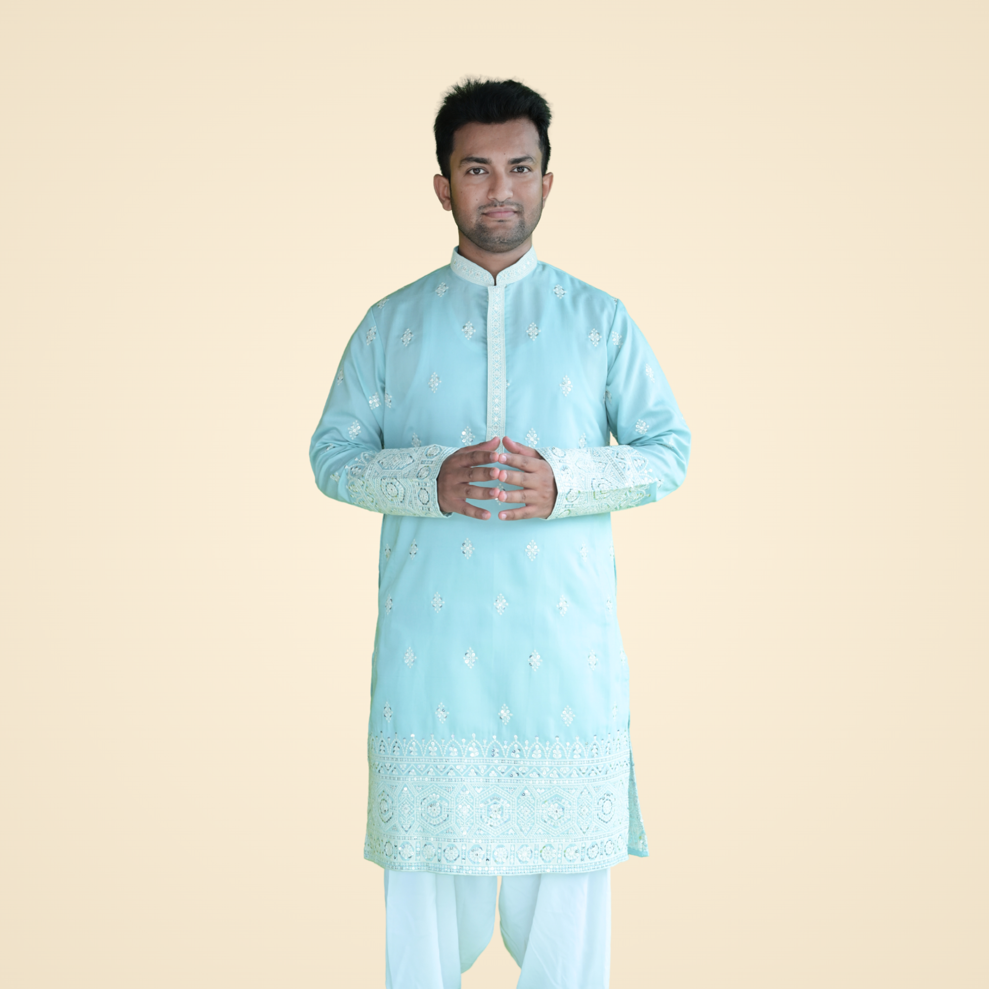 Light Turquoise Blue Spun Cotton Kurta with Border