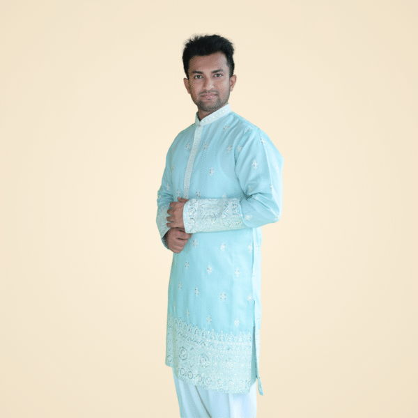 Light Turquoise Blue Spun Cotton Kurta with Border