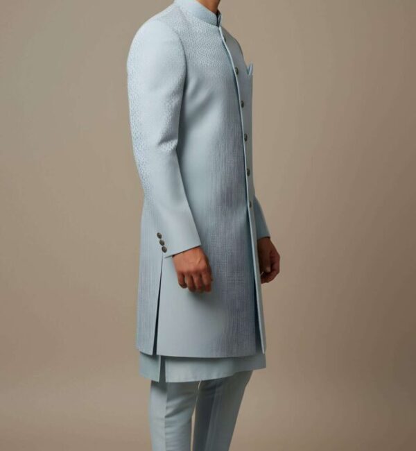 Premium Ice Blue Geometric Textured Indo-Western Set