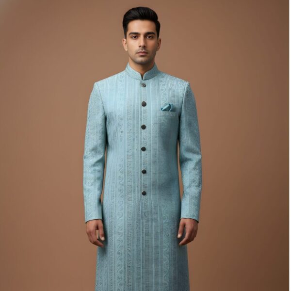 Sky Blue Brocade Thread Embroidery Indo-Western