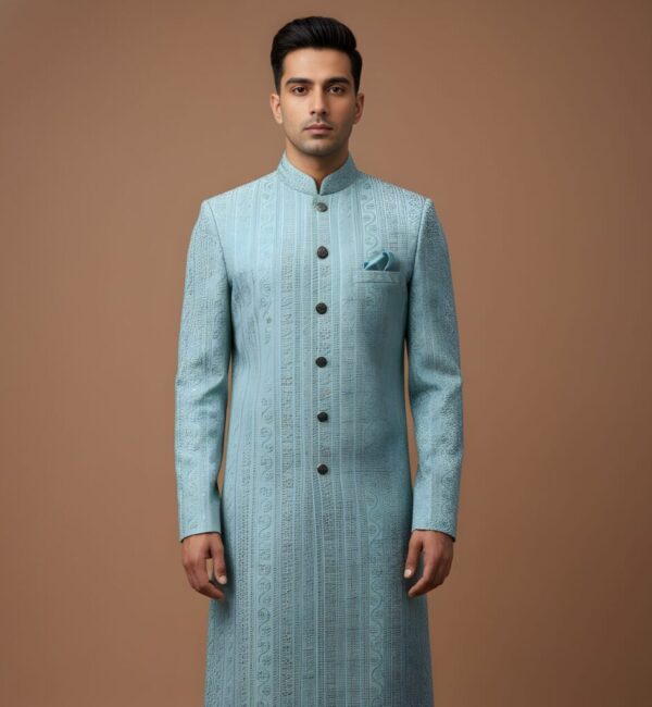 Sky Blue Brocade Thread Embroidery Indo-Western
