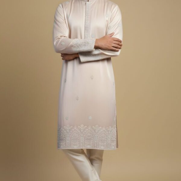 Elegant Beige Embroidered Silk Kurta