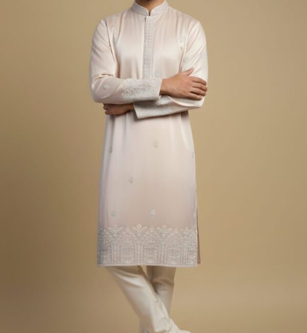 Elegant Beige Embroidered Silk Kurta