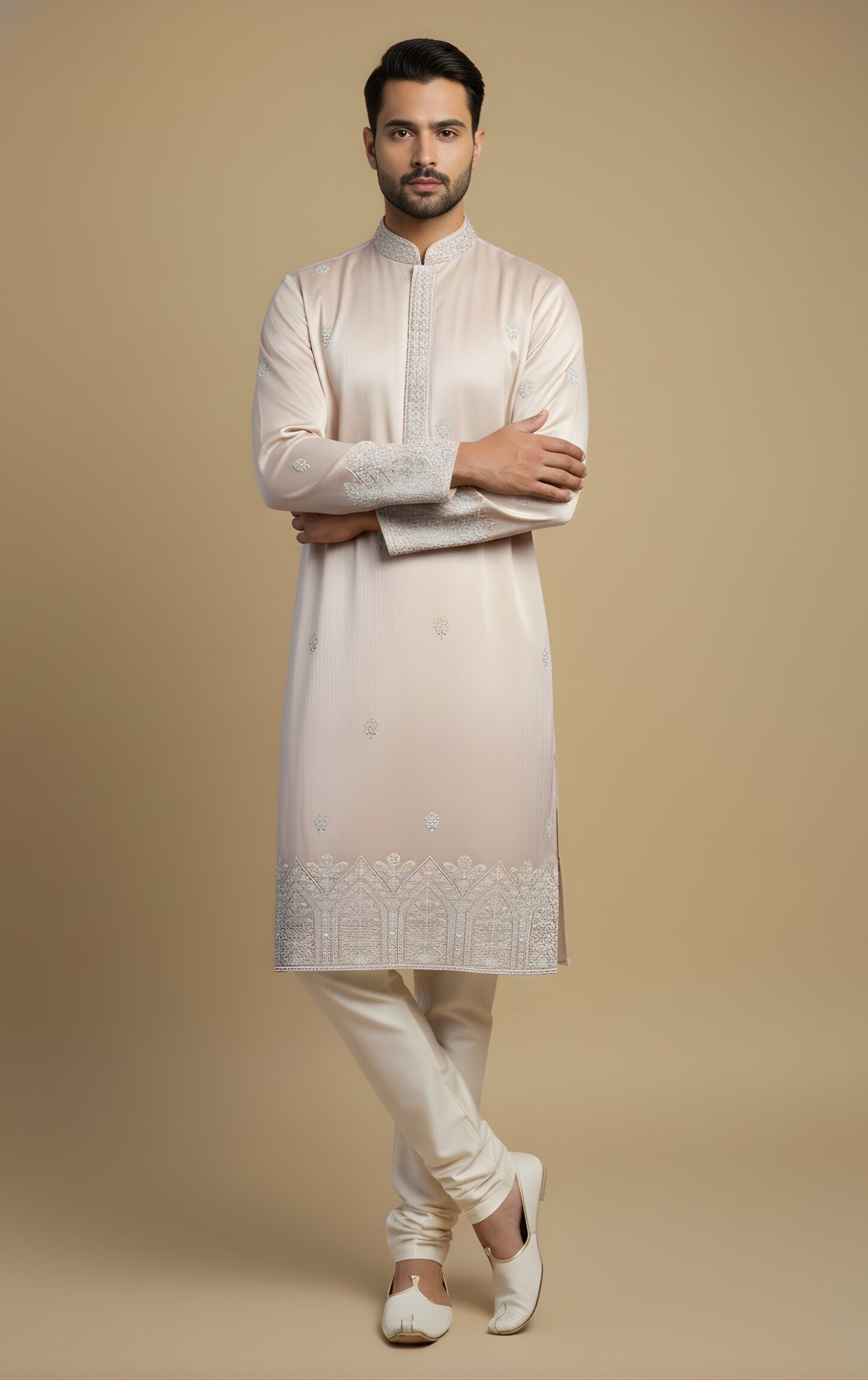 Elegant Beige Embroidered Silk Kurta - Image 2