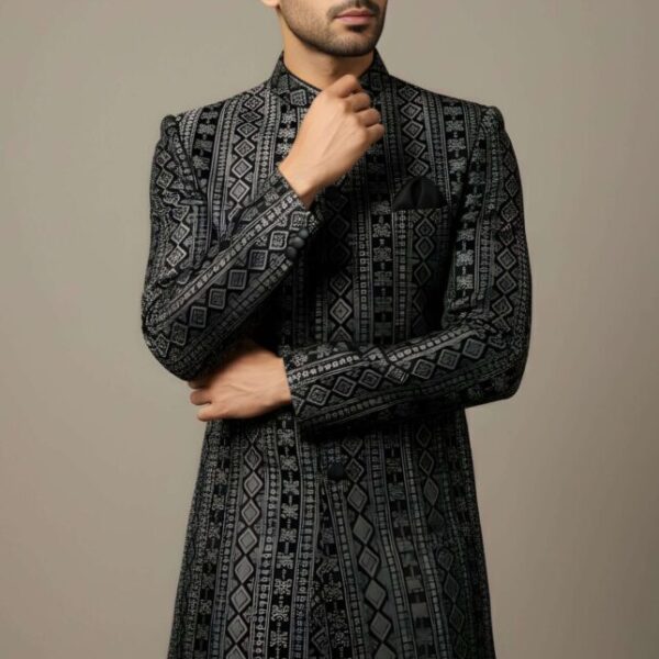 Charcoal Velvet Sequins Thread Indo-Western