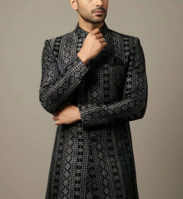 Charcoal Velvet Sequins Thread Indo-Western