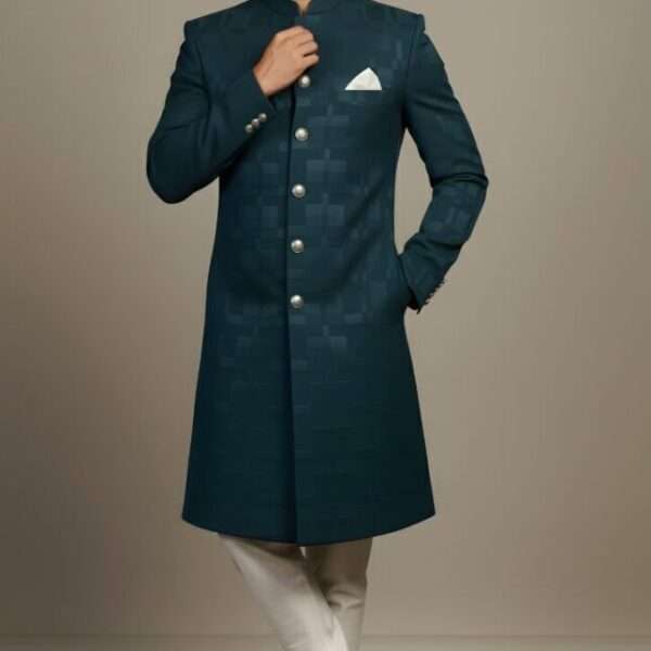 Dark TealPetrol Blue Checkerboard Pattern Sherwani