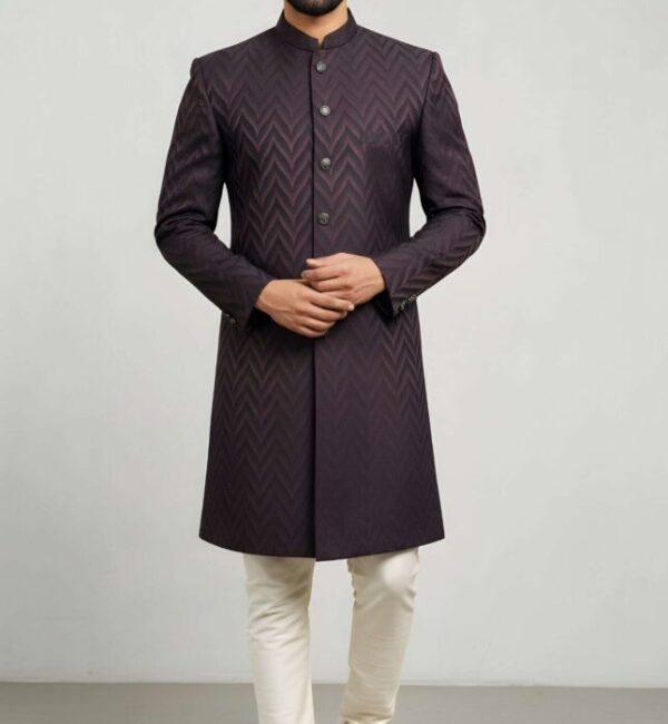 Deep Maroon Chevron Brocade Indo-Western