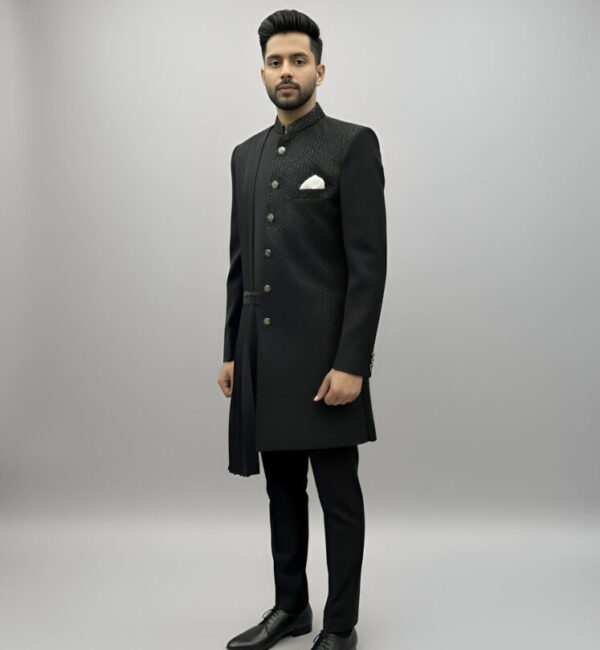 Royal Black Asymmetrical Textured Indo-Western Set