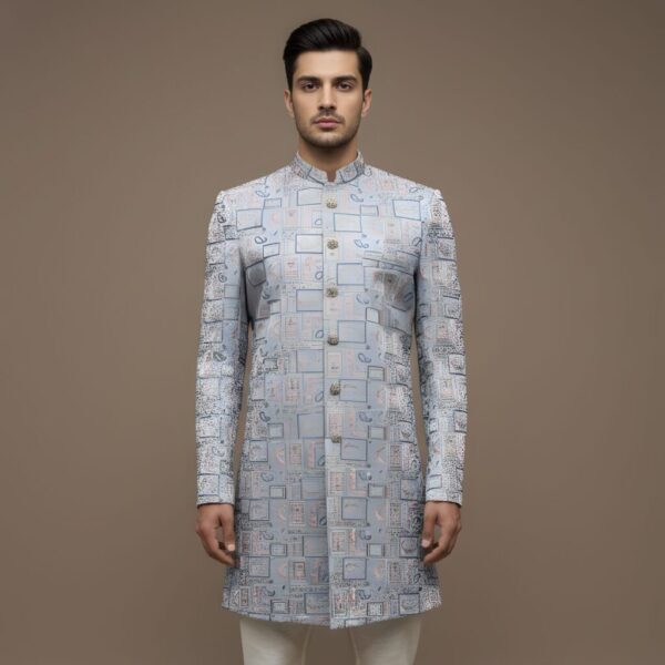 Light Blue Heavy Brocade Thread Embroidery Indo-Western