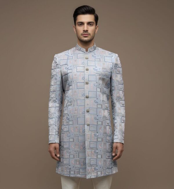 Light Blue Heavy Brocade Thread Embroidery Indo-Western