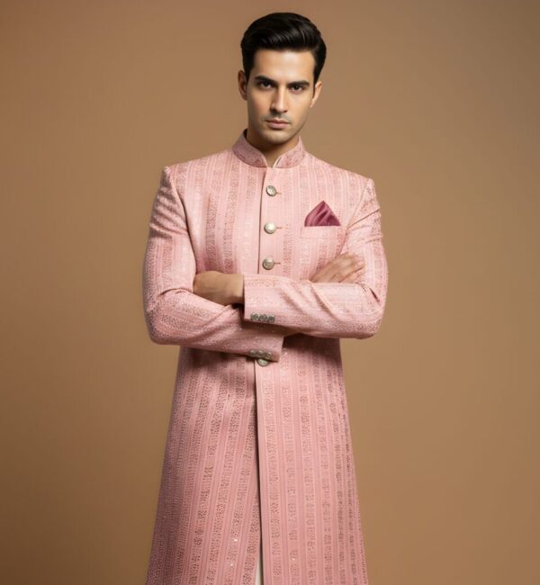 Premium Pink Sequin Work Indo-Western Set for Men