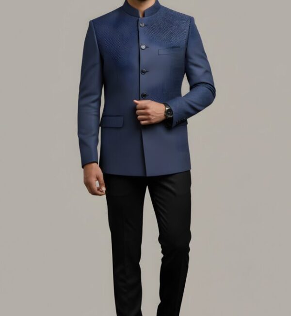 Blue Printed Bandhgala Blazer