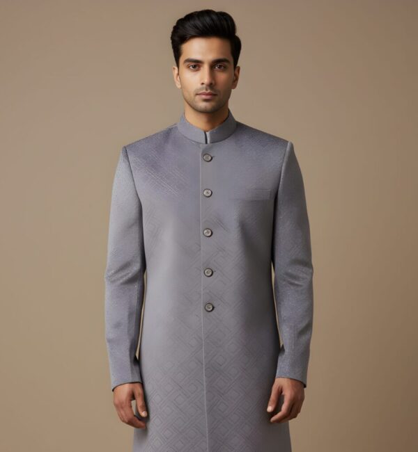 Premium Lavender Grey Geometric Textured Indo-Western Set