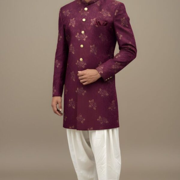 Royal Wine Red Gold Foil Print Indo-Western Set