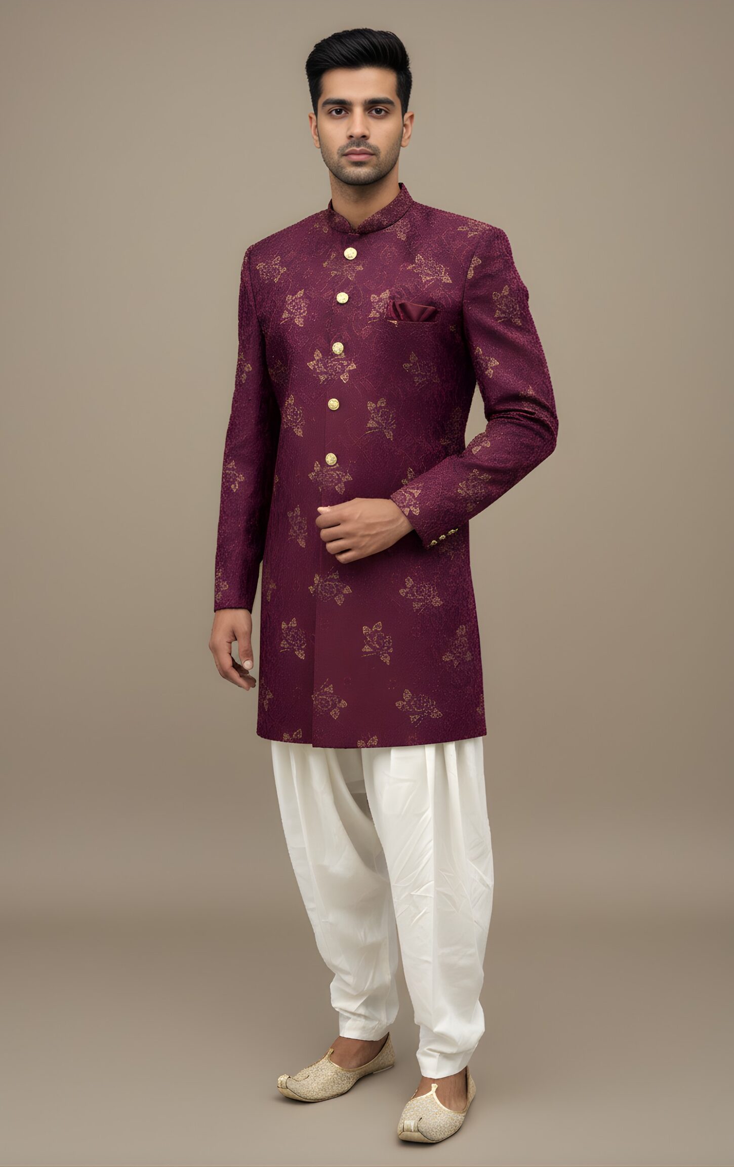 Royal Wine Red Gold Foil Print Indo-Western Set - Image 2