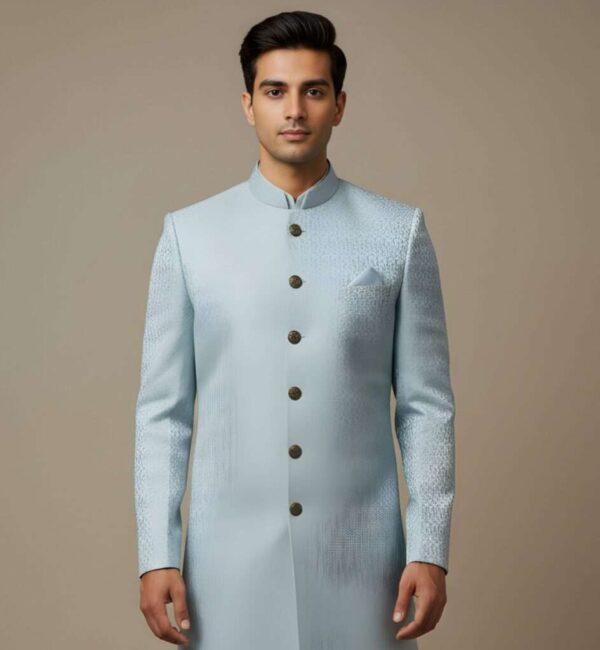 Premium Ice Blue Geometric Textured Indo-Western Set