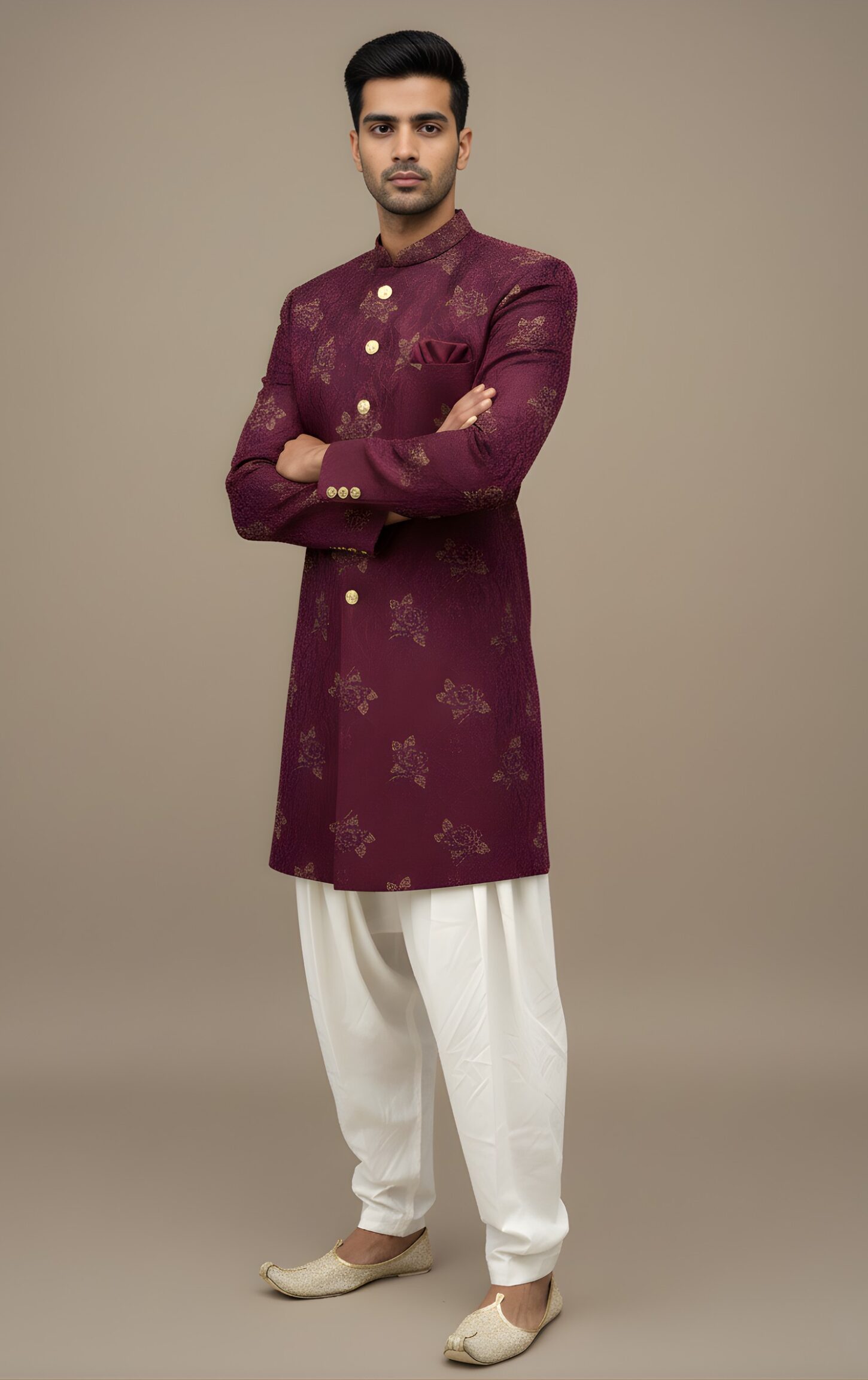 Royal Wine Red Gold Foil Print Indo-Western Set - Image 5