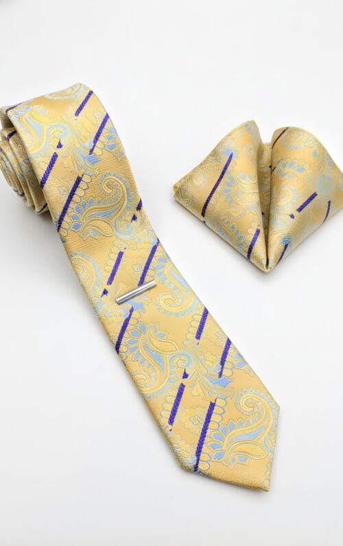 Gold Paisley and Blue Stripe Tie Set