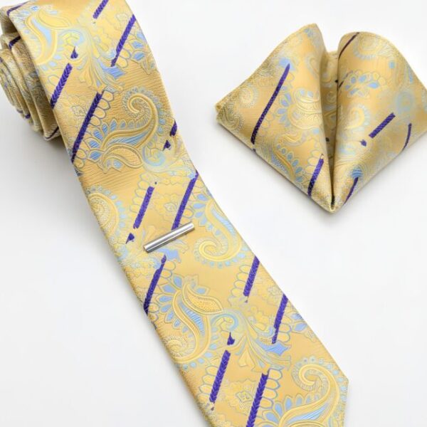 Gold Paisley and Blue Stripe Tie Set