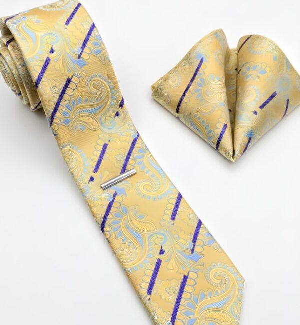 Gold Paisley and Blue Stripe Tie Set