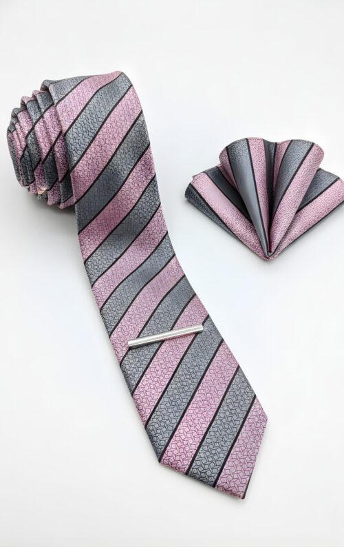 Rose Pink and Grey Stripe Tie Set