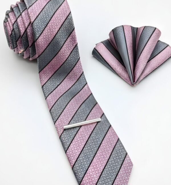Rose Pink and Grey Stripe Tie Set