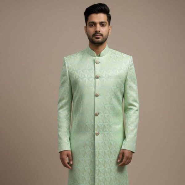 Pista Green Brocade Japanese Print Indo-Western