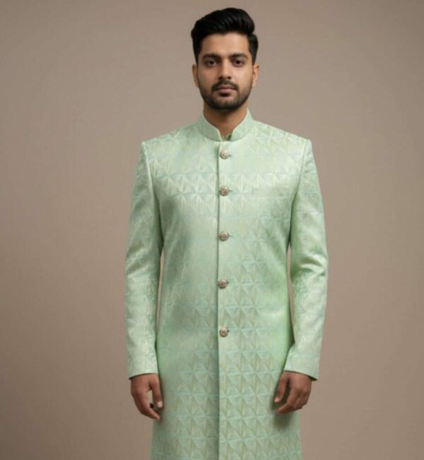 Pista Green Brocade Japanese Print Indo-Western