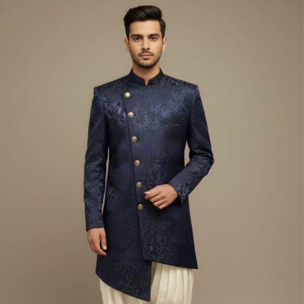Navy Blue Asymmetrical Brocade Indo-Western