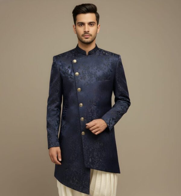 Navy Blue Asymmetrical Brocade Indo-Western