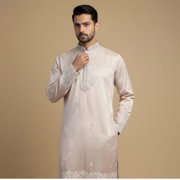 Elegant Beige Embroidered Silk Kurta