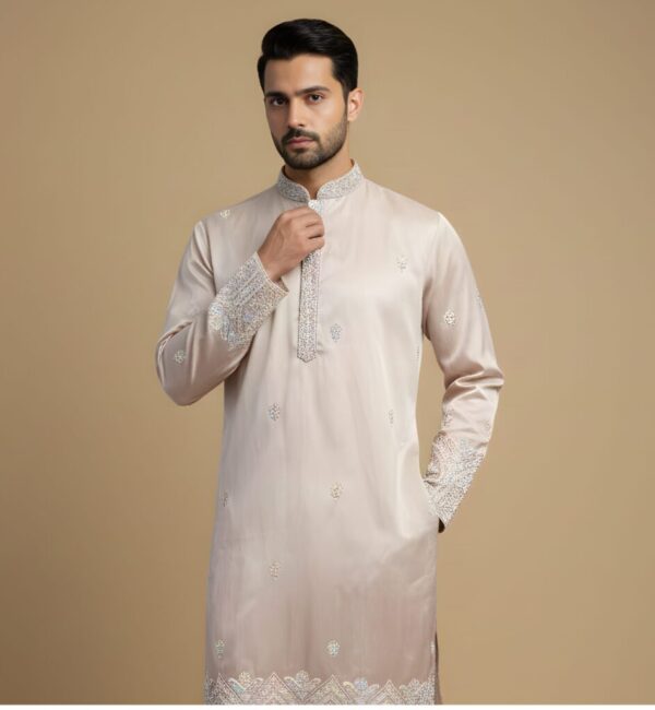 Elegant Beige Embroidered Silk Kurta