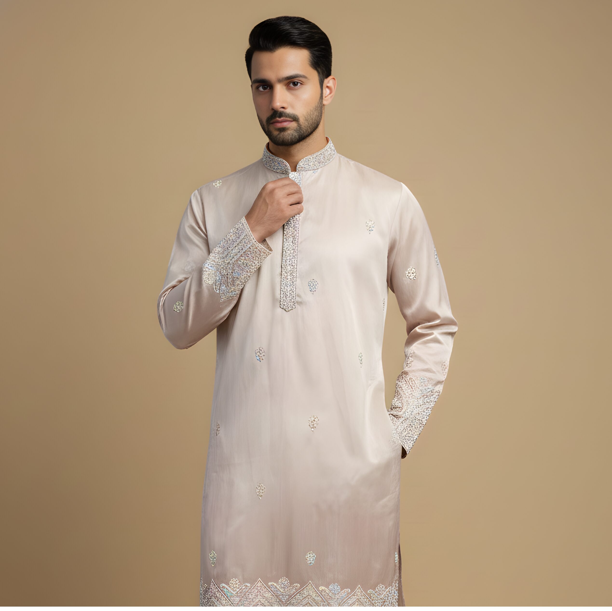 Elegant Beige Embroidered Silk Kurta