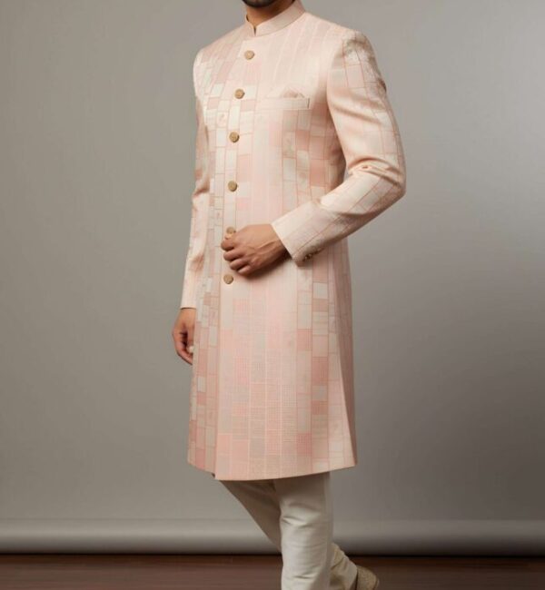 Light Peach Geometric Brocade Indo-Western