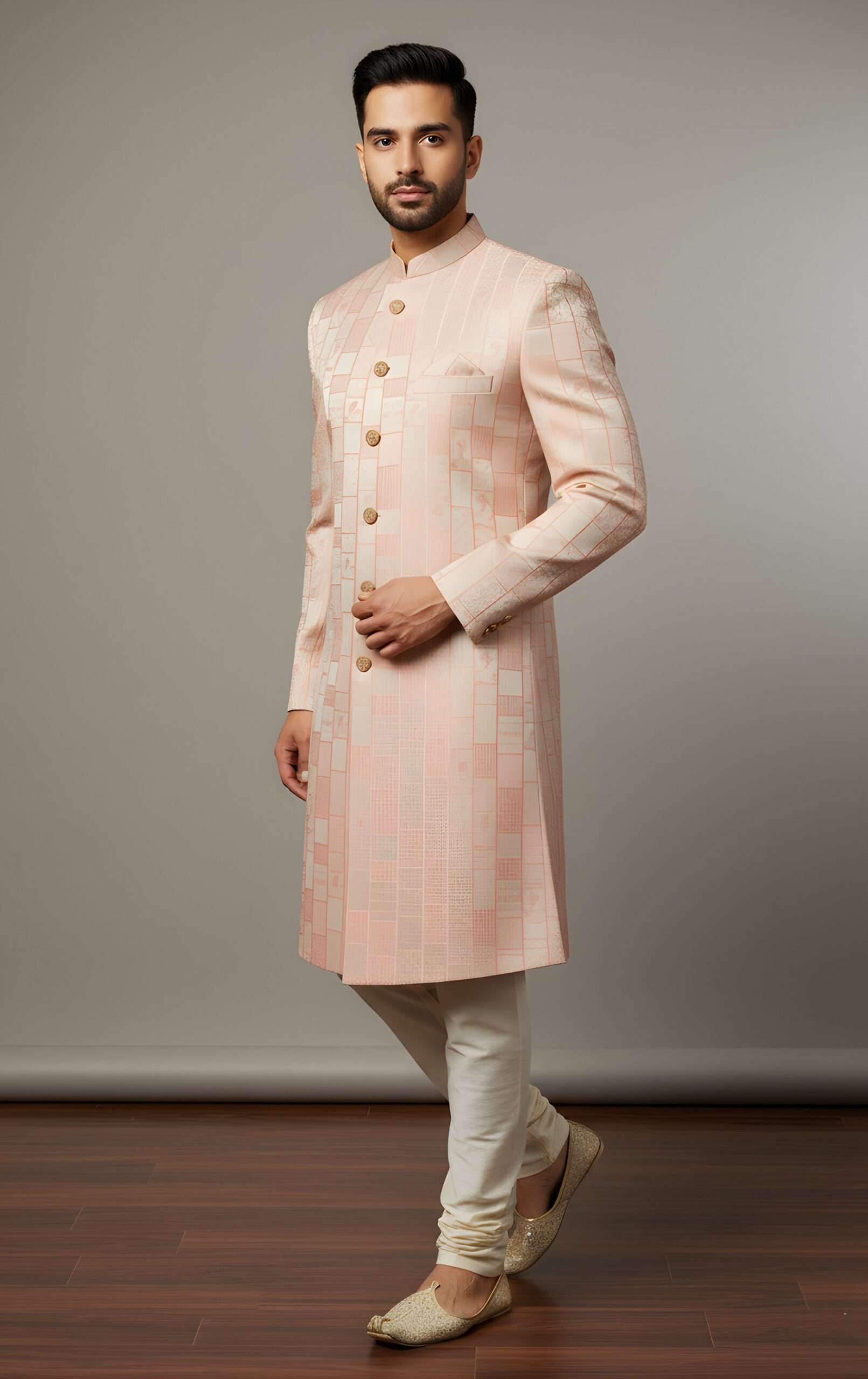 Light Peach Geometric Brocade Indo-Western - Image 2