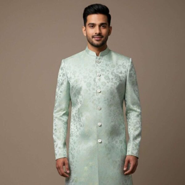 Light Pista Green Floral Brocade Indo-Western