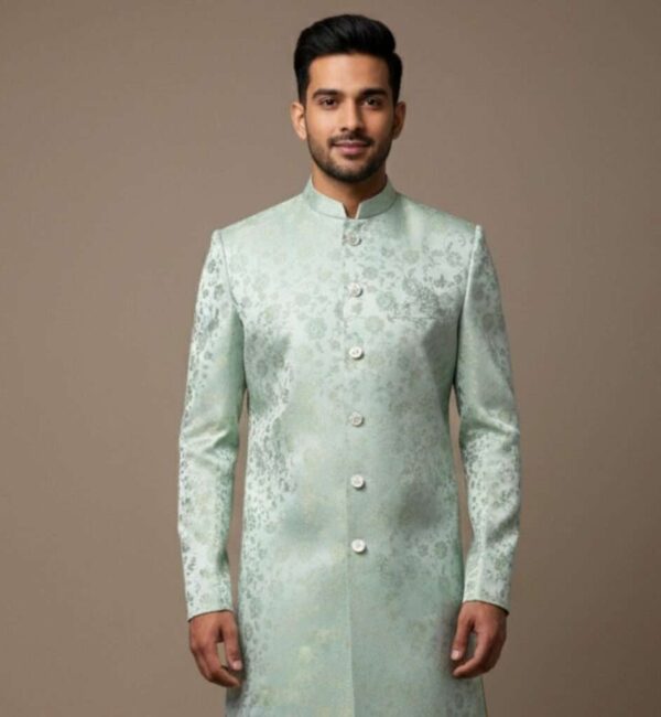 Light Pista Green Floral Brocade Indo-Western