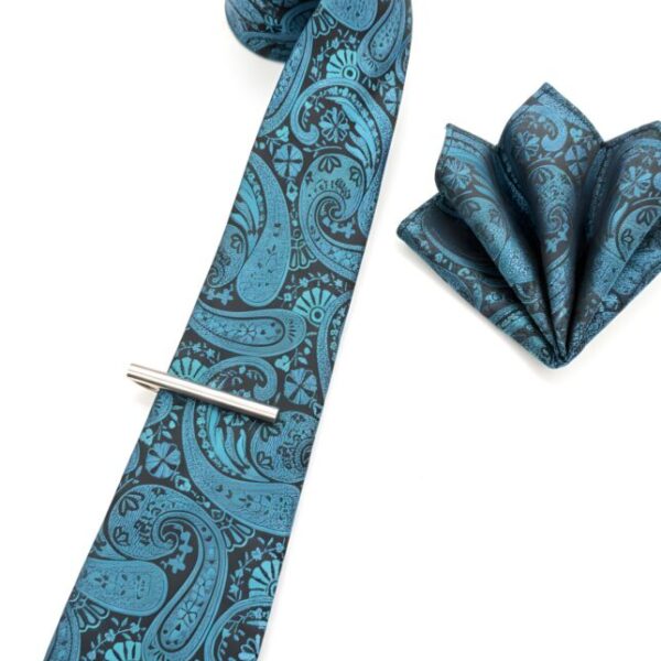 Teal and Black Paisley Tie Set