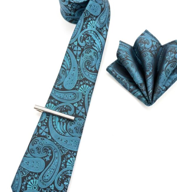 Teal and Black Paisley Tie Set
