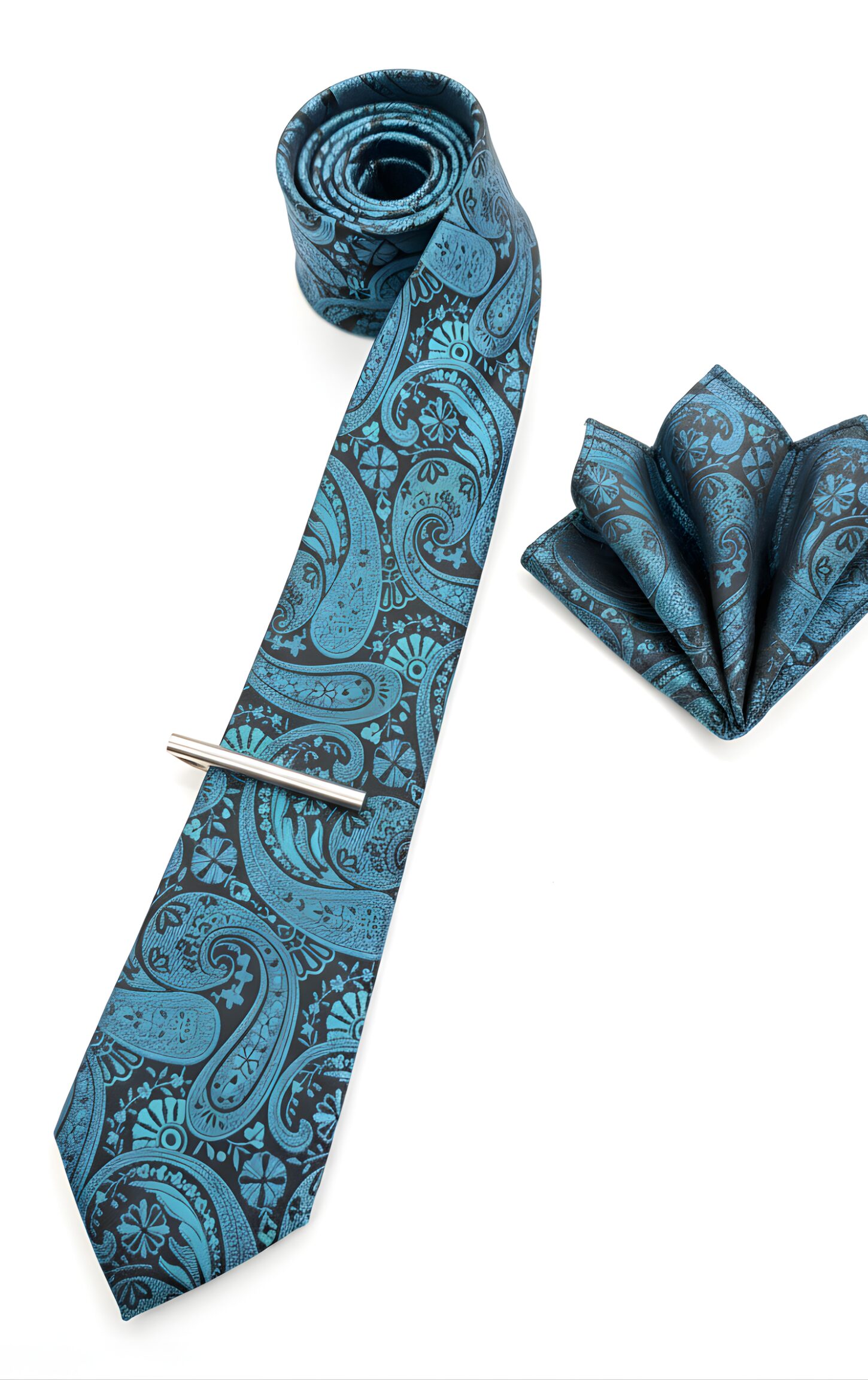 Teal and Black Paisley Tie Set