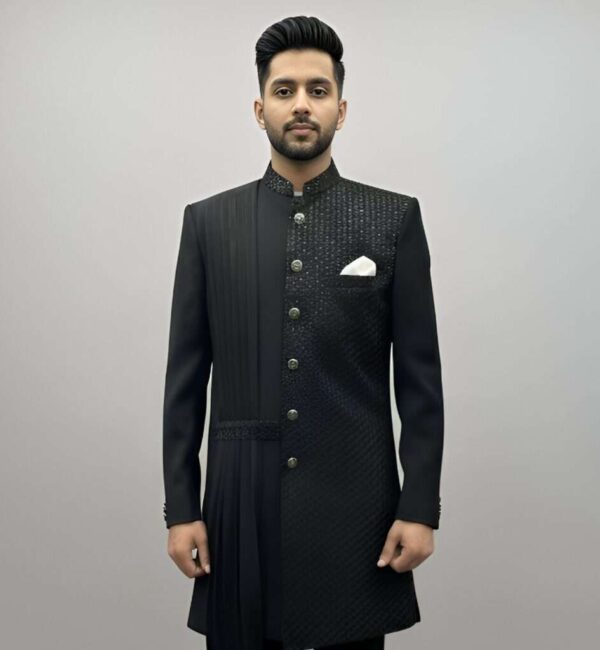 Royal Black Asymmetrical Textured Indo-Western Set