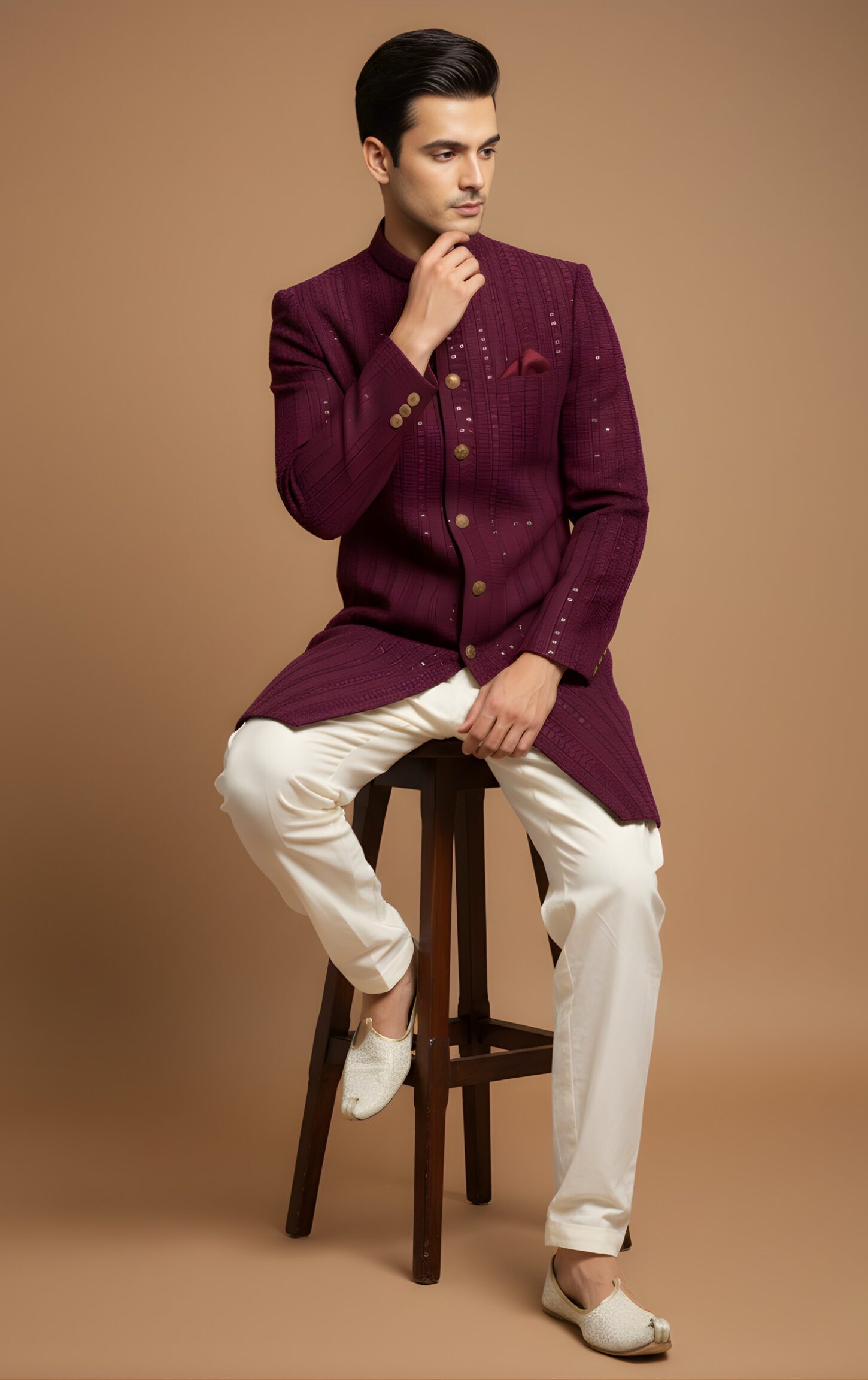 Maroon Cotton Thread Embroidery Indo-Western - Image 4