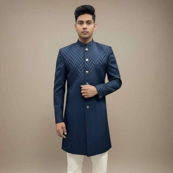 Navy Blue Chevron Brocade Indo-Western